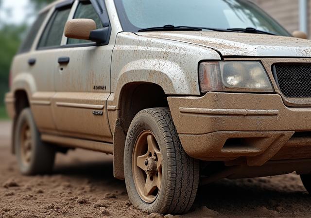 흙탕물로 오염된 SUV 차량 측면